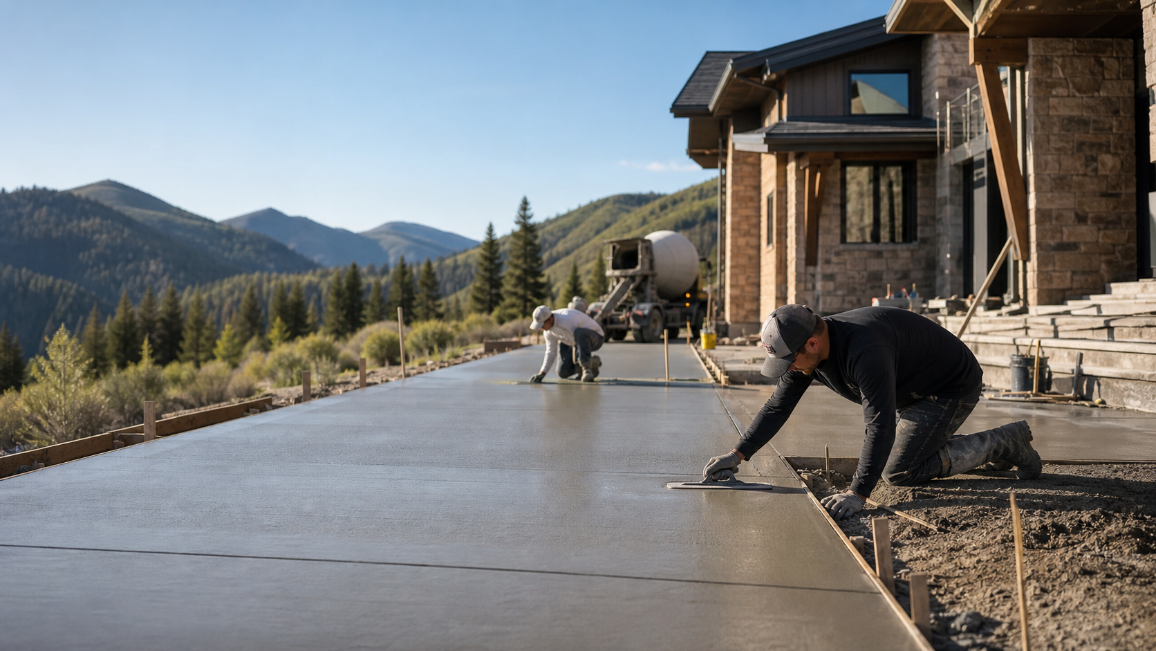Concrete flatwork being finished at a Park City mountain home